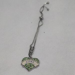 Silver Bracelet with Green Heart Charm – New with Bag, “Links” Design